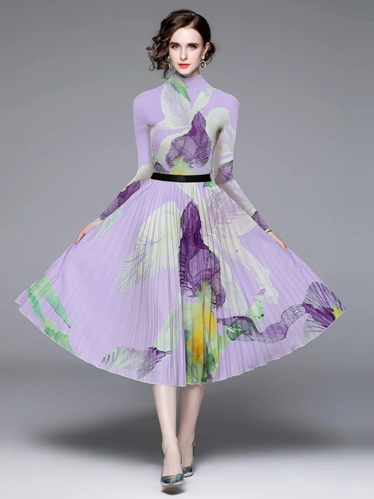 Miyake Runway Two Piece Set Women Flower Print High Stretchy Pullovers Top Pleated Midi Skirts Suit Autumn Winter Outfit 240727