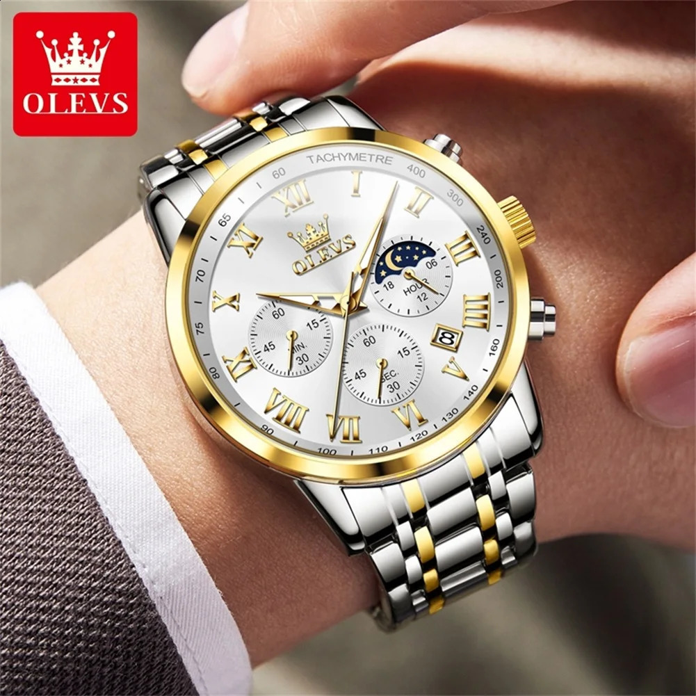 OLEVS 5529 Moonswatch Chronograph Quartz Watch For Men Stainless Steel Waterproof Man Wrist Watches Roman Scale Hand Clock 240717