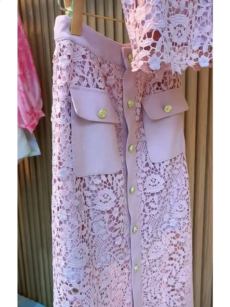 Temperament Office Lady Work Blouse Hollowed Out Shirt Short Sleeve Shirts Pink Pencil Skirts 2 Piece Sets Womens Outfits A Line 240727