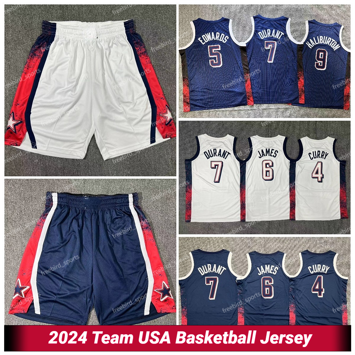 3XL Team USA 2024 Paris Booker Stephen 5 Anthony James Curry Edwards Embiid Tyrese Haliburton Leonard Dream Team US Mens Blue Red Basketball Jerseys Shorts 4 5 6 8 9