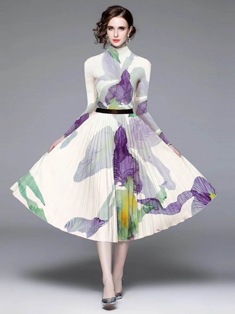 Miyake Runway Two Piece Set Women Flower Print High Stretchy Pullovers Top Pleated Midi Skirts Suit Autumn Winter Outfit 240727