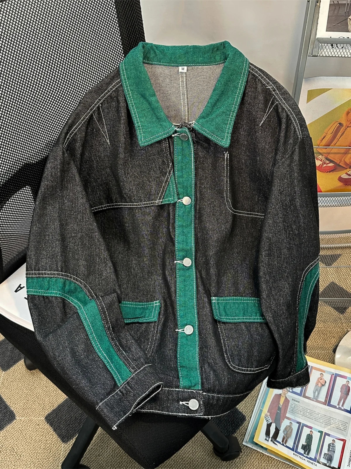 Retro Casual Denim Jacket Mens Spring Autumn Japanese Loose Cardigan Patchwork Unisex Varsity Cowboy Coat Streetwear 240802