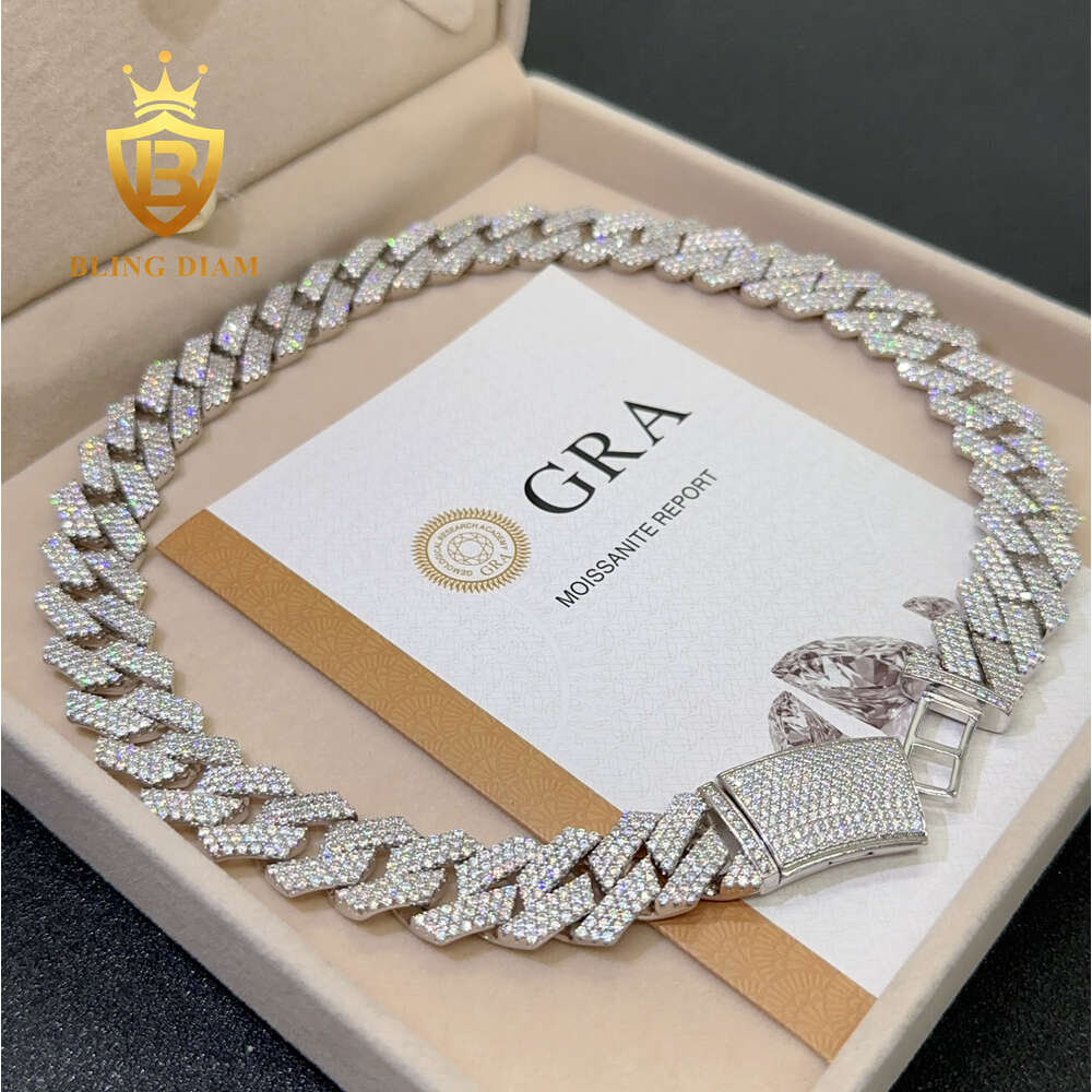 Iced Out Necklace 3 Row 20mm Hip Hop Fine Jewelry Vvs Moissanite Sterg Sier Cuban k Chain