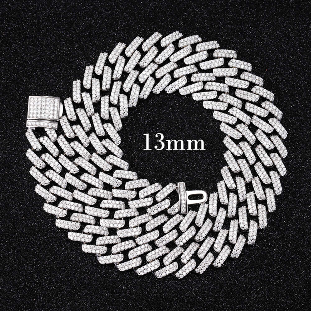 Two Rows 13 Mm Moissanite Diamond Hip Hop Jewelry Necklaces for Man 925 Sterling Silver Cuban Link Chain