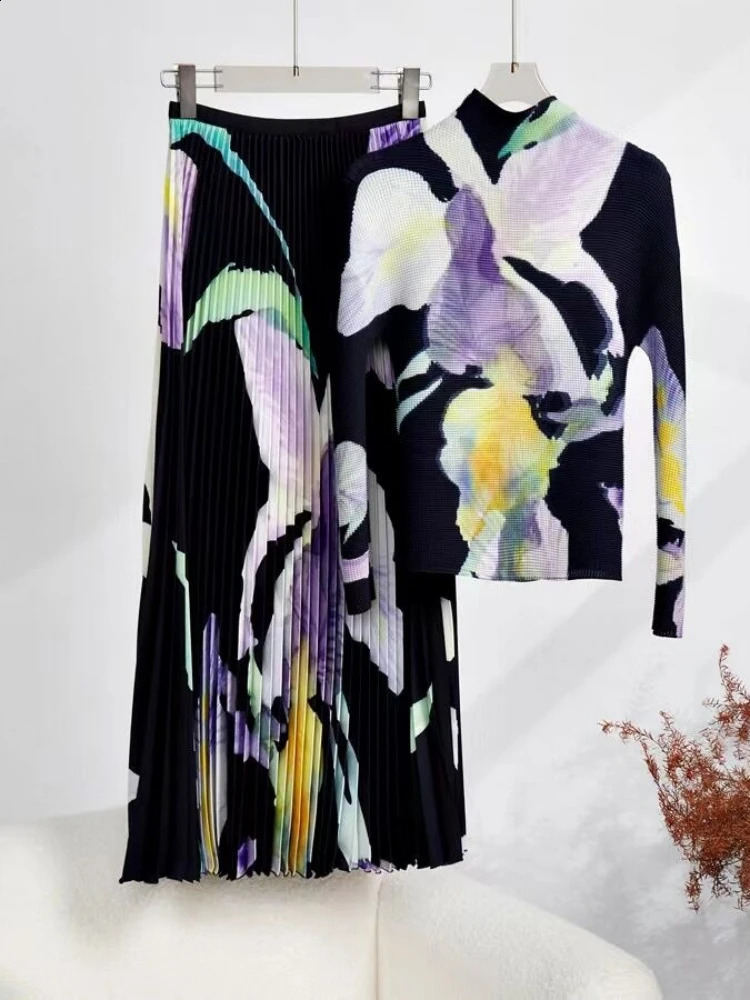 Miyake Runway Two Piece Set Women Flower Print High Stretchy Pullovers Top Pleated Midi Skirts Suit Autumn Winter Outfit 240727
