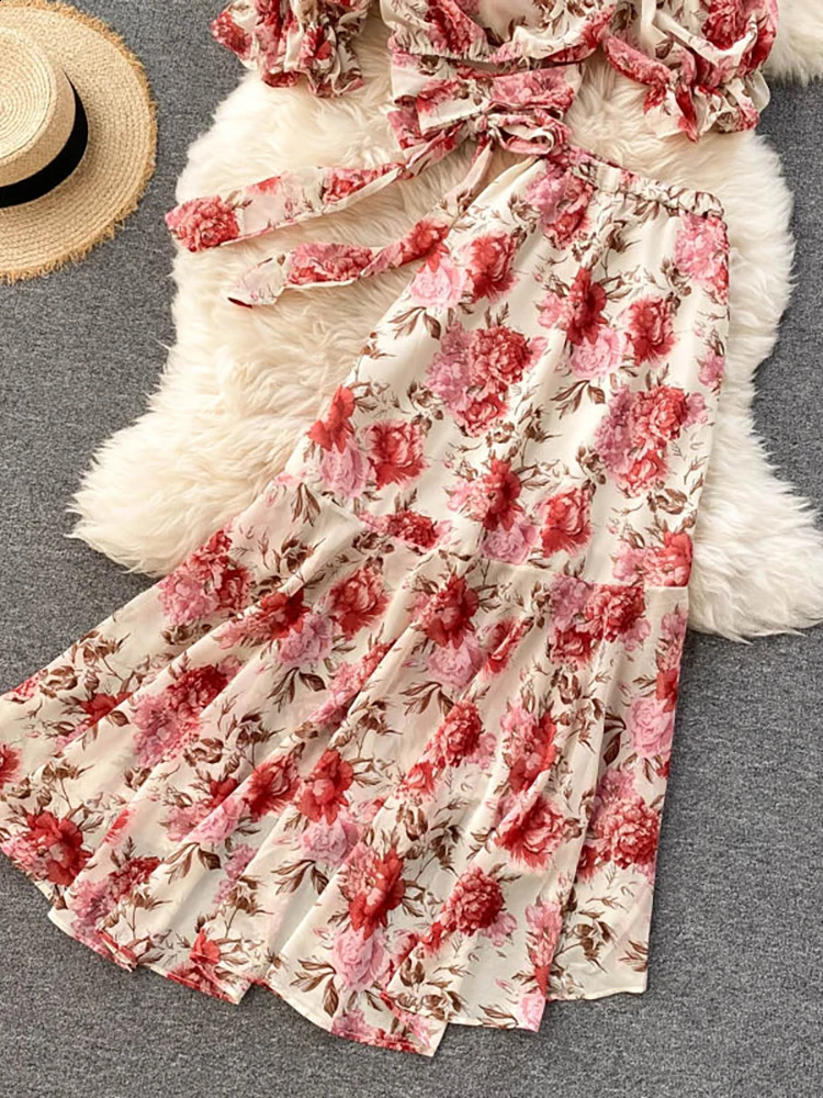 Holiday Style Floral Print Laceup Shirts And Pleated Fish Tail Long Skirt Set Bohemian Chiffon Two Piece For Women Outfits 240727