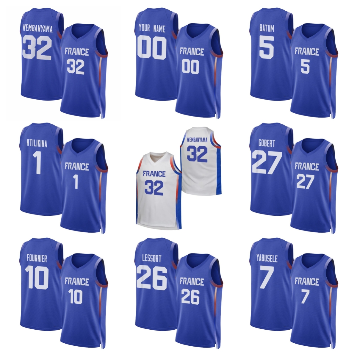 French Basketball Jersey 2024 Victor Wembanyama Nicolas Batum Frank Ntilikina Rudy Gobert Evan Fournier Mathias Lessort Guerschon Yabusele Men's National Team