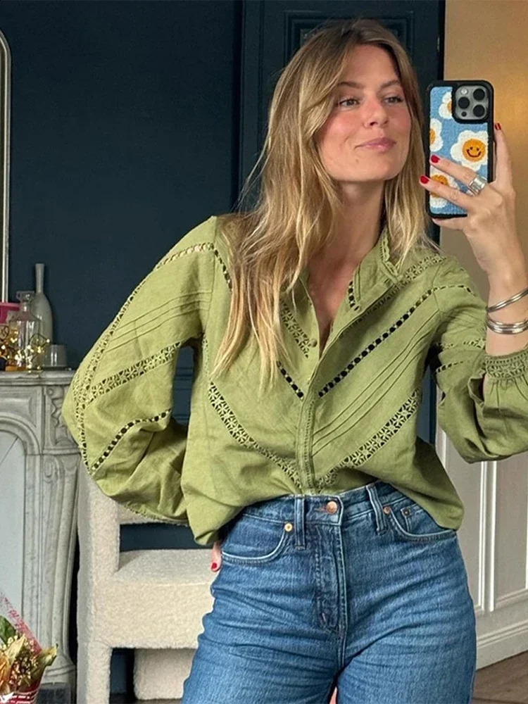 Hollow Out Shirts Skirts Set Women Elegant Single Breasted Ruffles Split Long Skirt Full Sleeve Shirt Suit Female Casual Outfits 240727