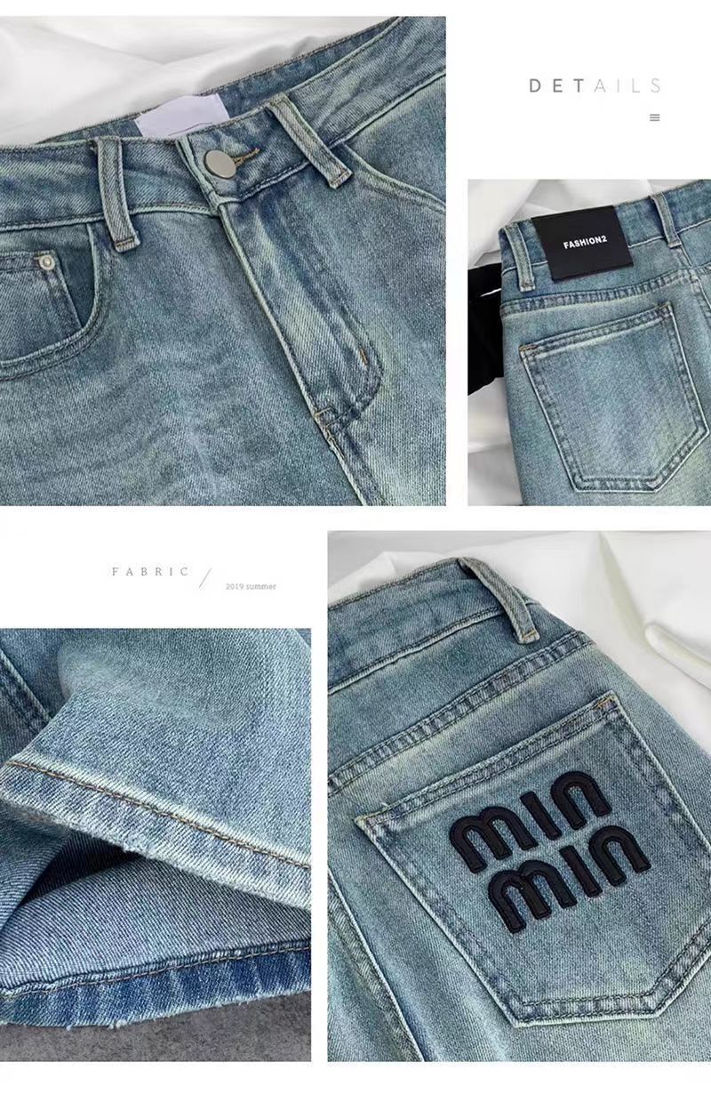 Spring 2024 new high waisted slimming loose light colored straight leg pants embroidered letters narrow version jeans for women
