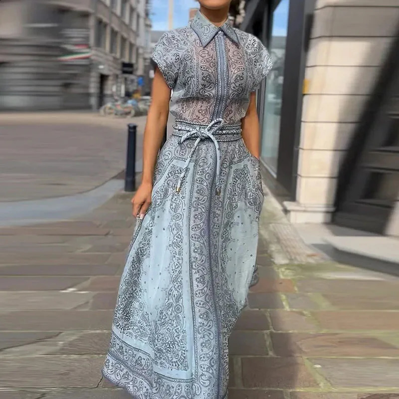 Women Fashion Pattern Print Two Piece Set Spring Lapel Button Blouse Top Long Skirts Bohe Suit Summer Short Sleeve Beach Outfit 240727