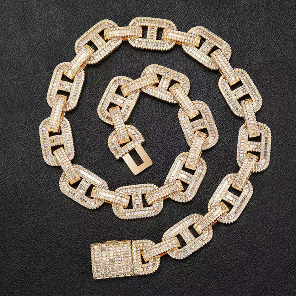 Fashion Style Baguette Cuban Chain 19mm Width S925 Silver with d Color Baguette Moissanite Cuban Link Chain Rapper Necklace