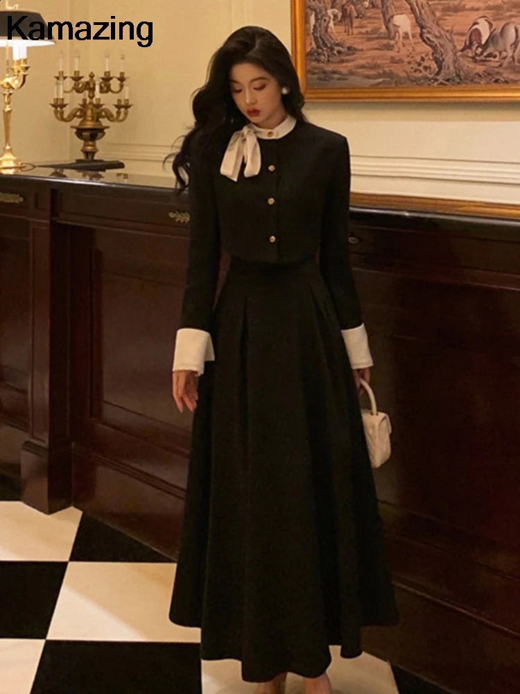 Women Elegant Korean 2 Piece Set Autumn Trend Lace Up Single Breasted Blazer Hight Waist Skirt Suit Office Lady Black Outfits 240727wtt