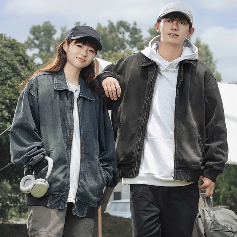 Mens denim jacket spring and autumn shoulders oversized exterior wash mens zipper lapel jeans vintage streetwear 240824