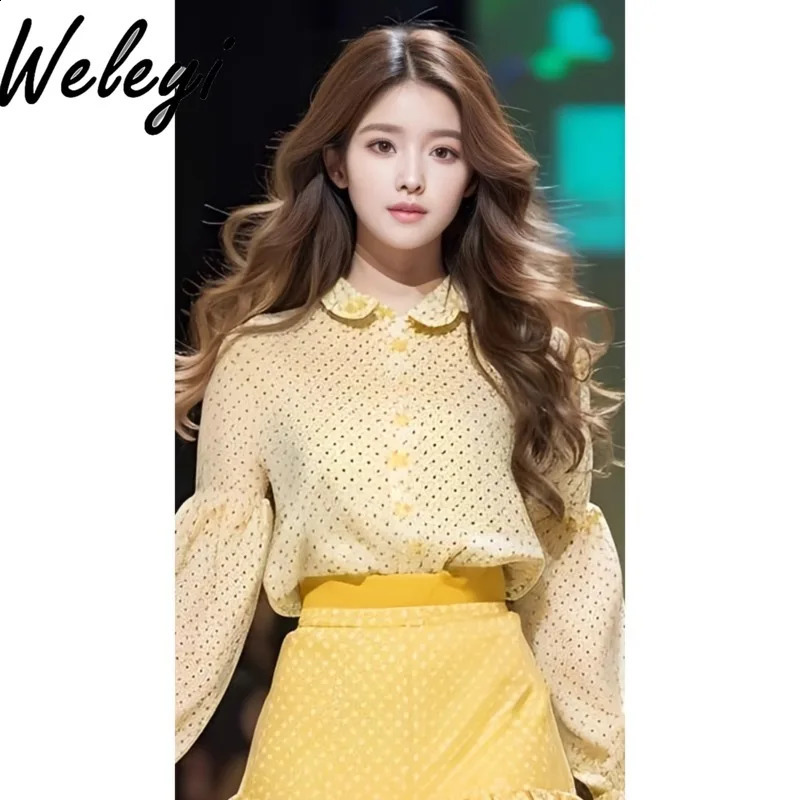 Sweet Korean Drama Female Lead Skirt Suit Ropa Mujer Spring Fashionable Yellow Polka Dot Shirt Pleated Skirts Two Piece Set 240727