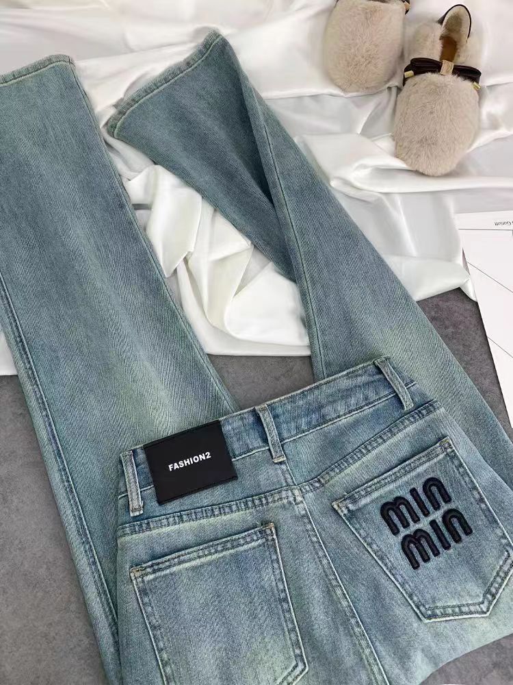 Spring 2024 new high waisted slimming loose light colored straight leg pants embroidered letters narrow version jeans for women