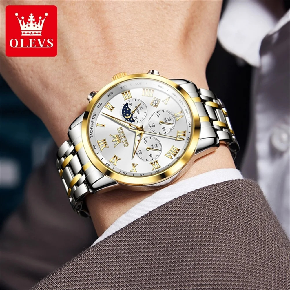 OLEVS 5529 Moonswatch Chronograph Quartz Watch For Men Stainless Steel Waterproof Man Wrist Watches Roman Scale Hand Clock 240717