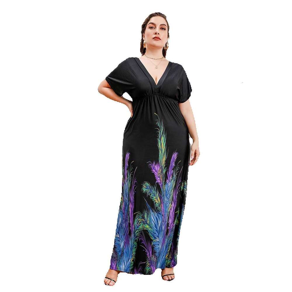 Bohemian Hot Selling Fat Mm Extended Plus Size Ice Silk Holiday Beach Mid Length Dress Sexy Dress Floral Dress Sexy Waist Temperament High Waist Dress
