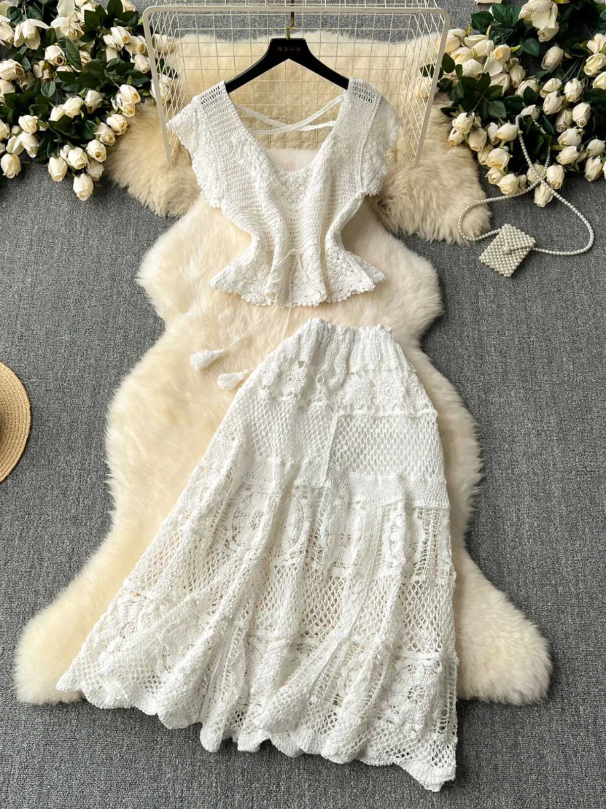 Boho Holiday Women Skirts Set Crochet Hollow Out Uneck Backless Tops Aline Long Skirt Two Piece Sets Womens Outifits Dropship 240727