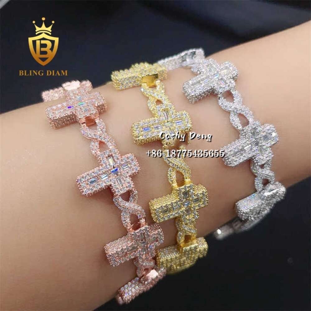 New Custom Hiphop Bracelet Sterling 925 Silver Cross Design Baguette Moissanite Diamond Ice Out Cuban Link Chain Bracelet