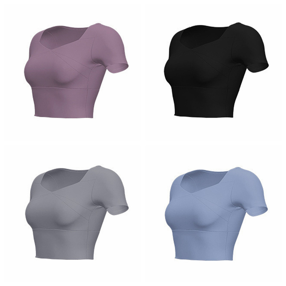 GFBB Short Sleeved Tops with Chest Pad T Shirt Sports Bra Running Slim Fit Clothes Yoga Wear