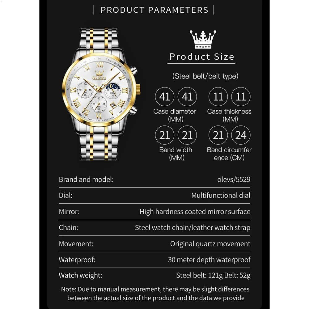 OLEVS 5529 Moonswatch Chronograph Quartz Watch For Men Stainless Steel Waterproof Man Wrist Watches Roman Scale Hand Clock 240717