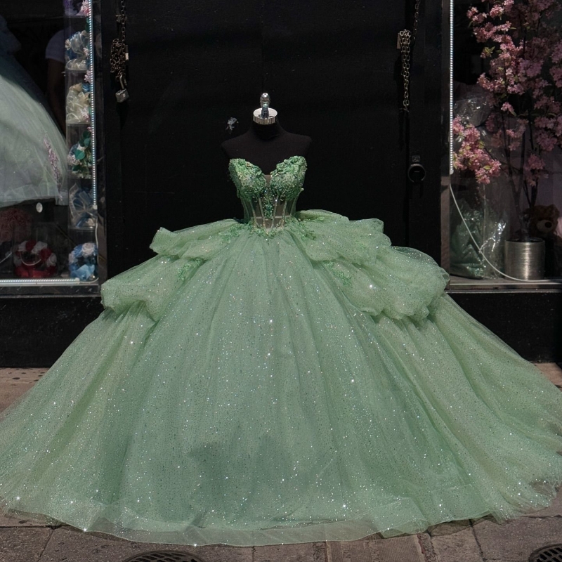 Sage Green Sparkly Quinceanera Dresses 2024 Off Shoulder Lace Beads Corset vestido 15 anos quinceanera lace-up Sweet 15 Gown