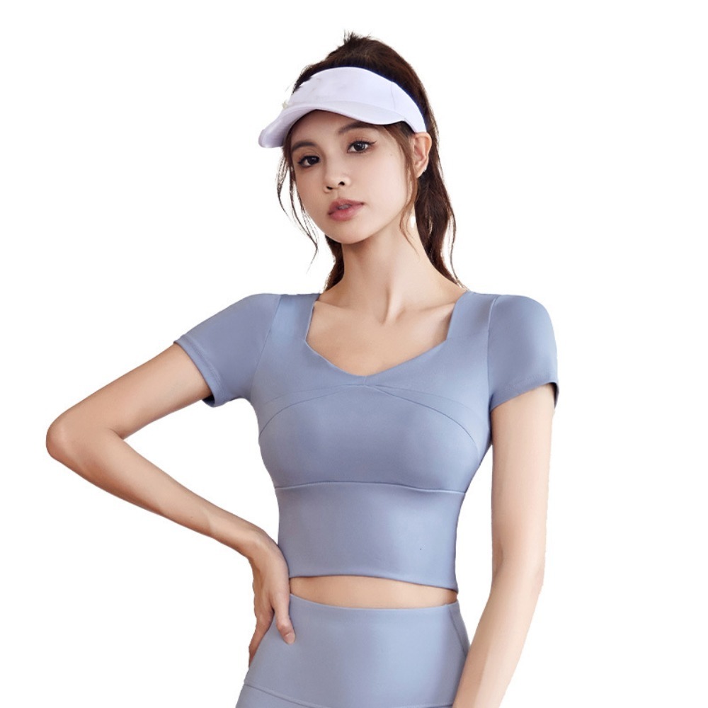GFBB Short Sleeved Tops with Chest Pad T Shirt Sports Bra Running Slim Fit Clothes Yoga Wear
