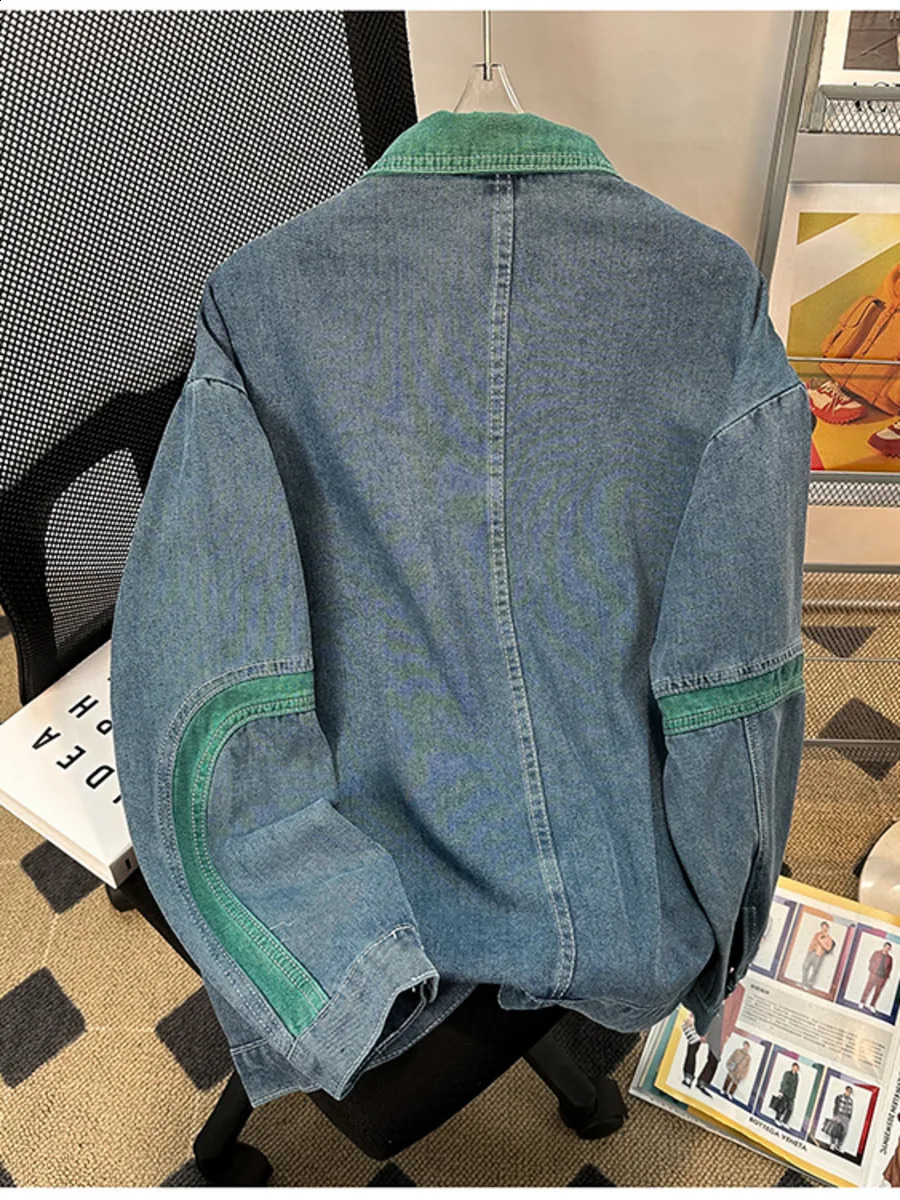 Retro Casual Denim Jacket Mens Spring Autumn Japanese Loose Cardigan Patchwork Unisex Varsity Cowboy Coat Streetwear 240802