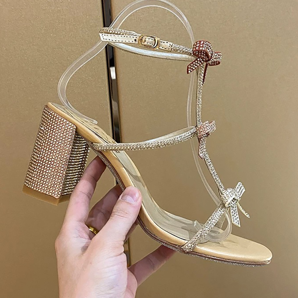 crystal bow-detailingEmbellished chunky Heels sandals 75mm Rhinestone pink gold Evening shoes women high heeled Luxury Designers Wraparound Dress shoe 34-42