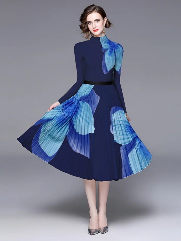 Miyake Runway Two Piece Set Women Flower Print High Stretchy Pullovers Top Pleated Midi Skirts Suit Autumn Winter Outfit 240727