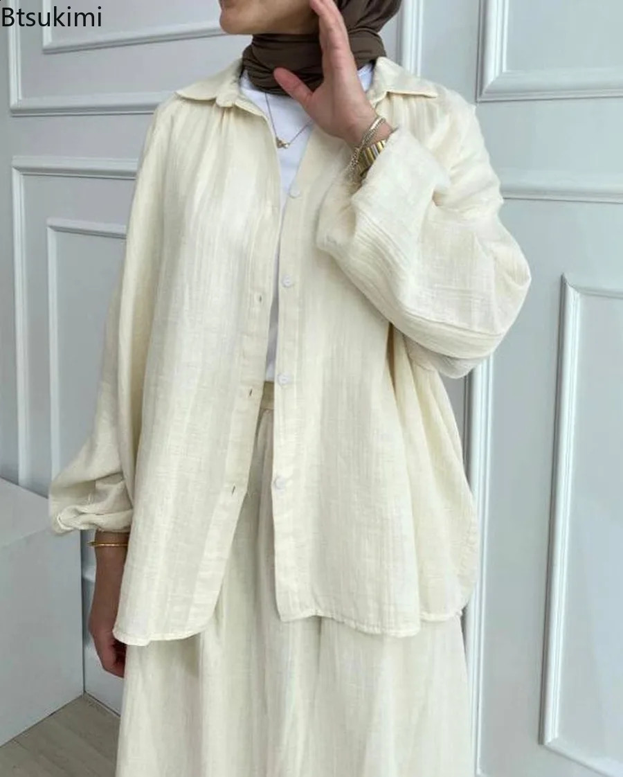Spring Womens Half Skirt Set Fashion Fluffy Sleeve Shirt and Long Retro Casual Two Piece Muslim 240816