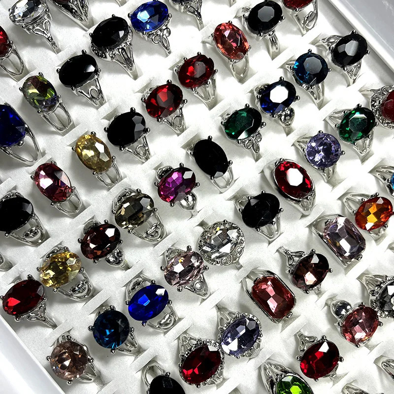 50 piecesbatch factory wholesale womens alloy finger rings multicolor gemstone colored crystal zirconia 240723