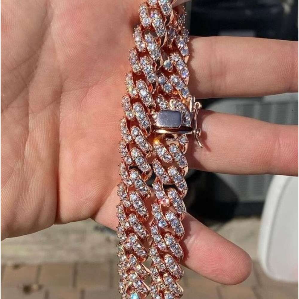 14k Rose Gold Cuban Necklace Chain Hip Hop Jewelry Pass Diamond Test 12mm Moissanite Diamond Cuban Necklace