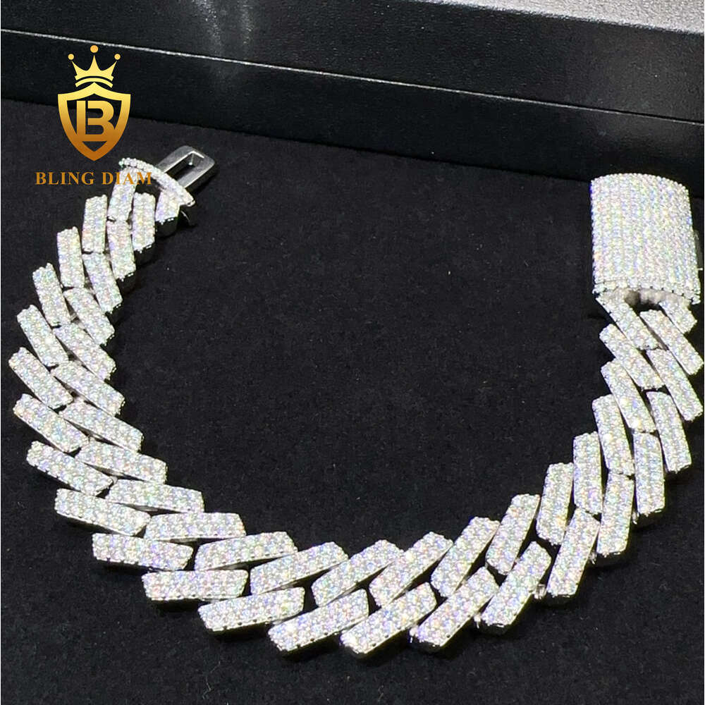 Pass Diamond Test Ice Out 15mm Hip Hop Bracelet 2 Row Round Cut S925 Silver Vvs Moissanite Miami Cuban Chain for Men