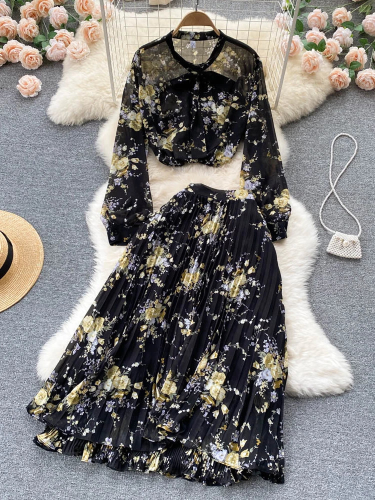 Women Summer Bohemian Floral Print Skirt Set Long Sleeve Short Tops High Waist Pleated Midi Female Two Piece Suits 240727