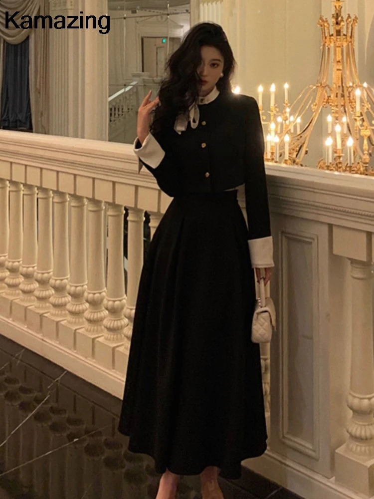 Women Elegant Korean 2 Piece Set Autumn Trend Lace Up Single Breasted Blazer Hight Waist Skirt Suit Office Lady Black Outfits 240727wtt