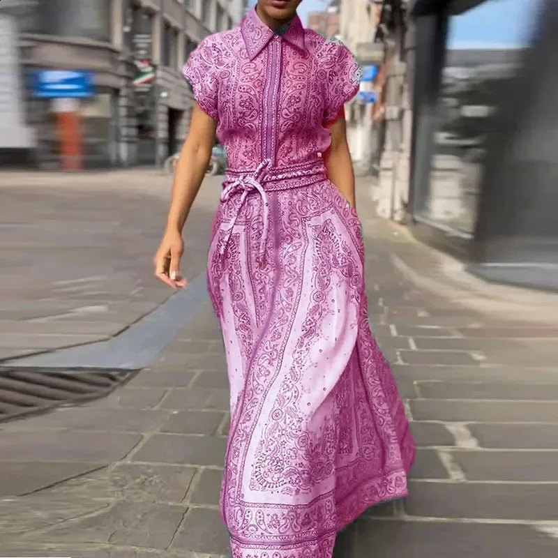 Women Fashion Pattern Print Two Piece Set Spring Lapel Button Blouse Top Long Skirts Bohe Suit Summer Short Sleeve Beach Outfit 240727