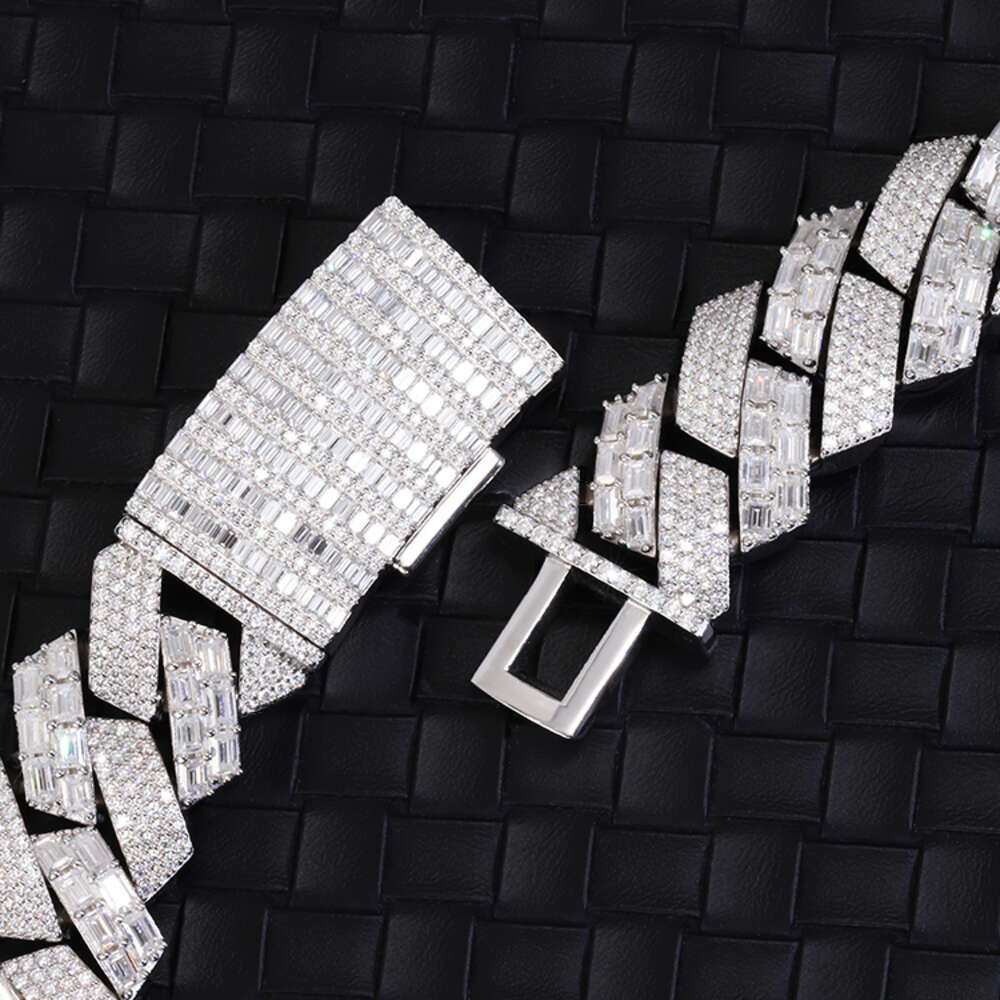 Classic 22mm Wide Baguette Dia Bracelet S Sier Moissanite Jewelry Cuban Chain Hip Hop Necklace