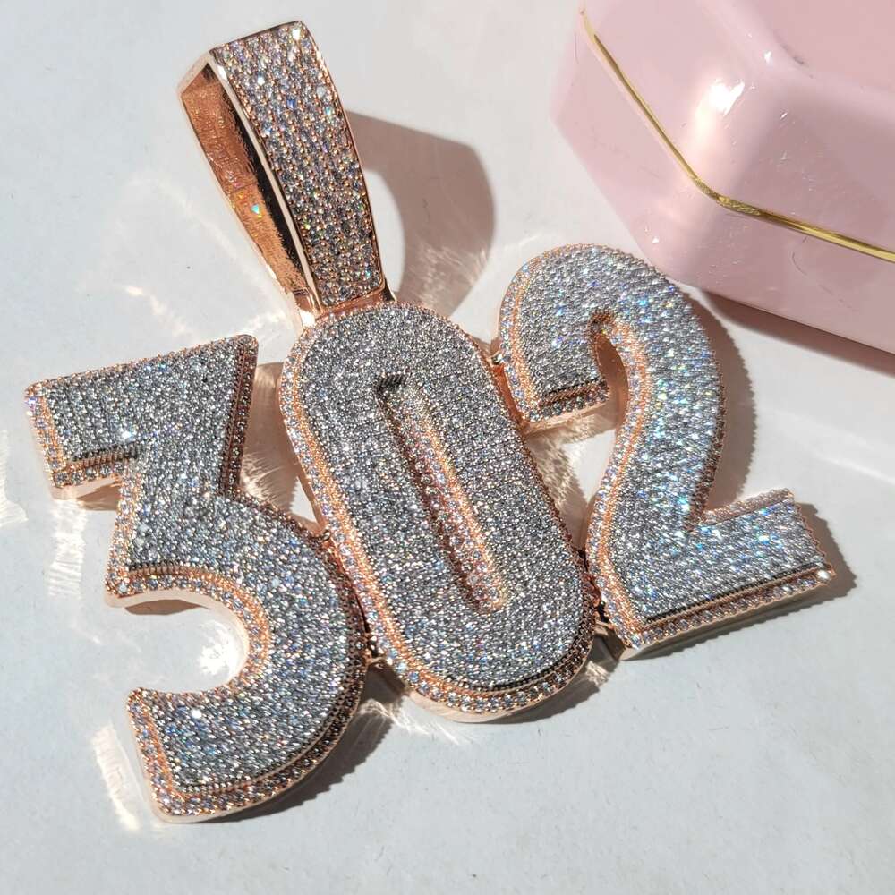 Custom Hip Hop Rose Gold 302 Numeric Pendant Diamond Charm Vvs Moissanite Necklace Pendant Iced Out Chain Pendant for Men
