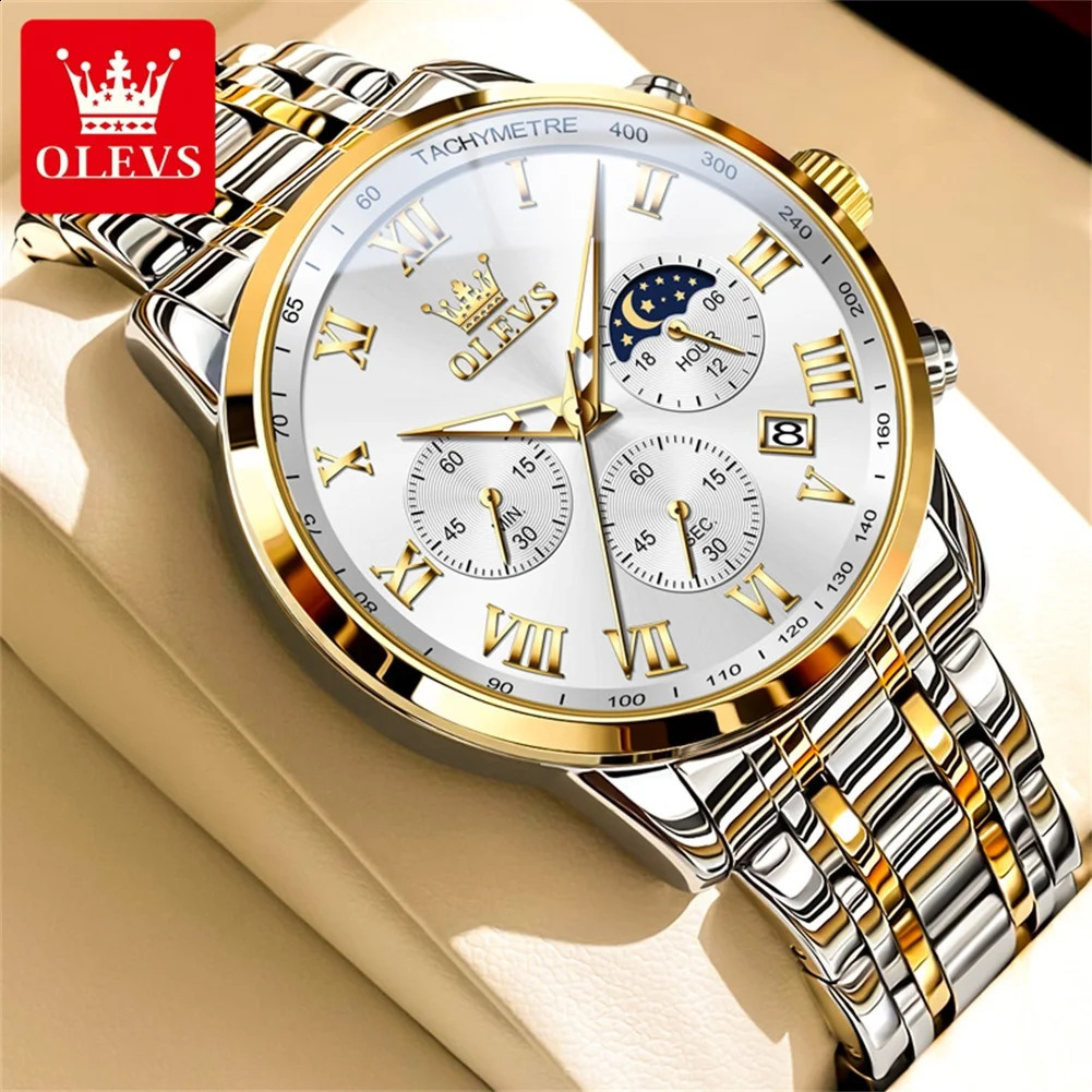 OLEVS 5529 Moonswatch Chronograph Quartz Watch For Men Stainless Steel Waterproof Man Wrist Watches Roman Scale Hand Clock 240717