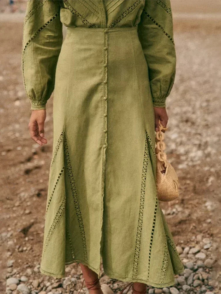 Hollow Out Shirts Skirts Set Women Elegant Single Breasted Ruffles Split Long Skirt Full Sleeve Shirt Suit Female Casual Outfits 240727