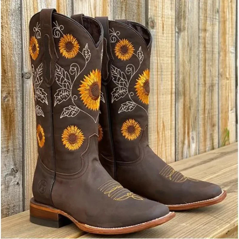 Women Coffee Brown Embroidery Boots PU Leather Printed Western Cowboy Boots Deep V-mouth High Tube Casual Boots Classic 240724