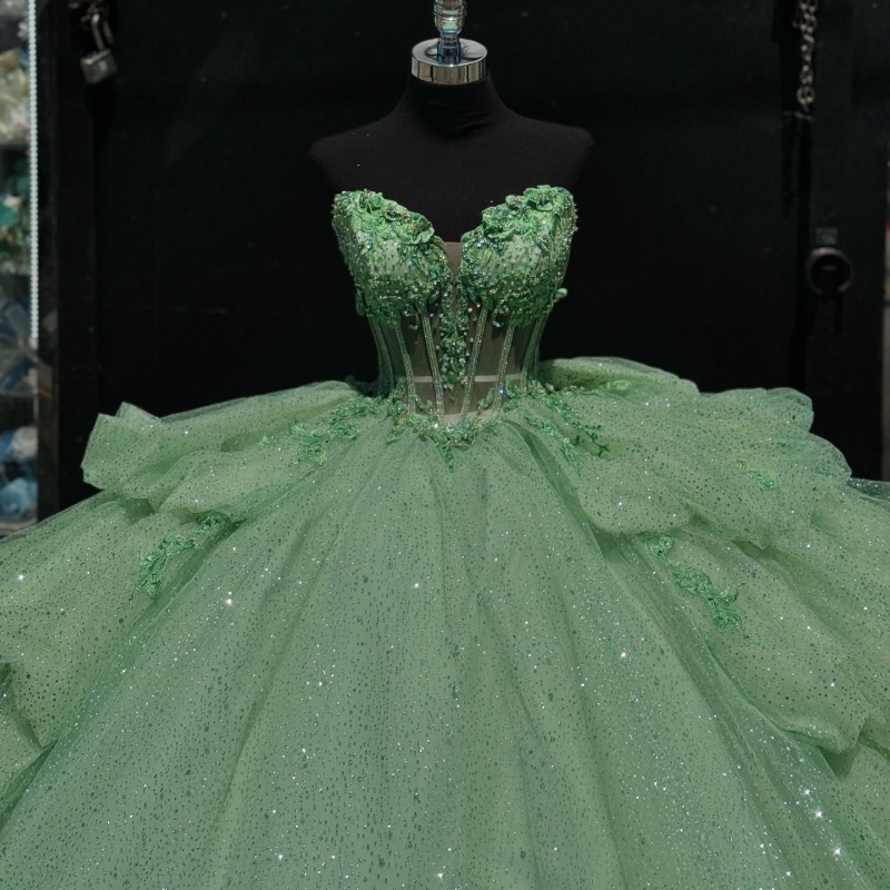 Sage Green Sparkly Quinceanera Dresses 2024 Off Shoulder Lace Beads Corset vestido 15 anos quinceanera lace-up Sweet 15 Gown