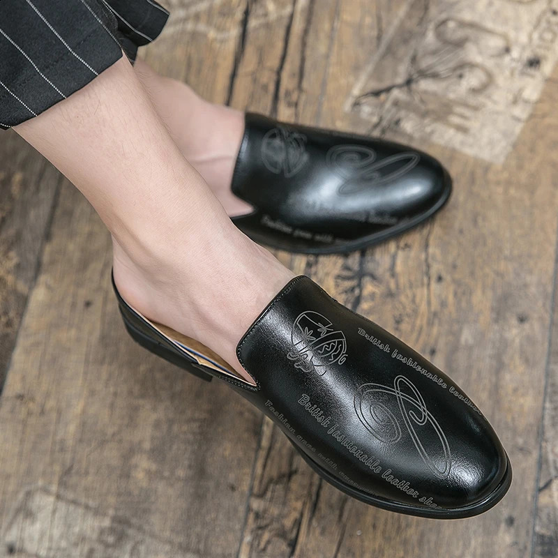 Business Half Slippers Mens Office Summer Trend Personalized Carved Dress Genuine Leather Breathable Toe Cap Shoes Zapatos 240718