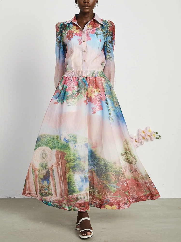 TWOTWINSTYLE Colorblock Printing Two Piece Set For Women Lapel Long Sleeve Top High Waist A Line Skirt Formal Sets Female 240727