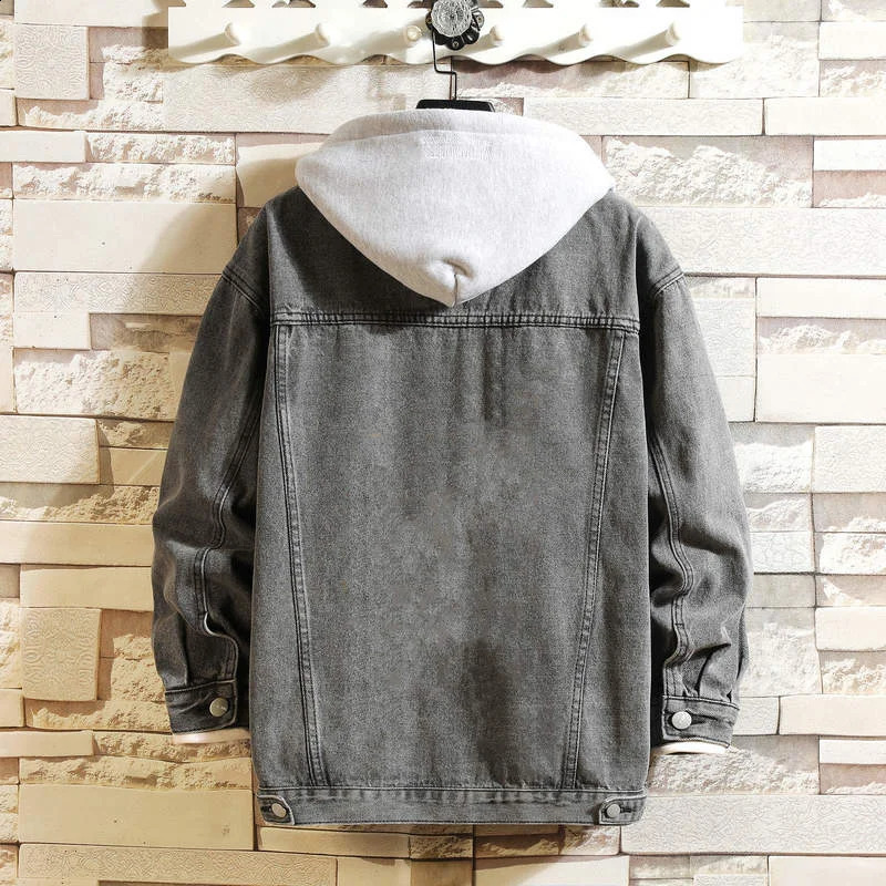 Denim Jacket Men Hooded Casual Jean Jackets Streetwear Solid Color Turn Down Collar Coats Jacktes Hat Detachable 240802