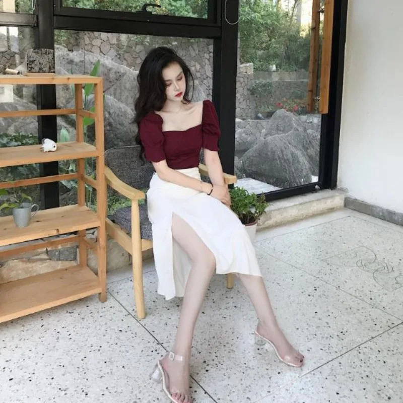 Womens Two Piece Set Skirt Slit Party White Female Outfits Clothing Arrivals Full Summer Fashion Matching Sets Korea 240727