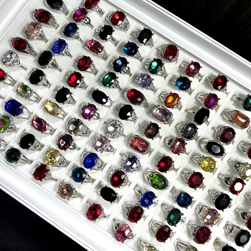 50 piecesbatch factory wholesale womens alloy finger rings multicolor gemstone colored crystal zirconia 240723