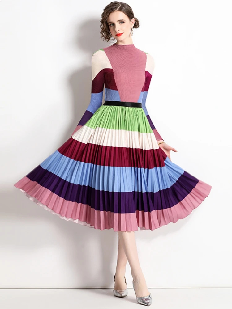 Miyake Runway Two Piece Set Women Flower Print High Stretchy Pullovers Top Pleated Midi Skirts Suit Autumn Winter Outfit 240727