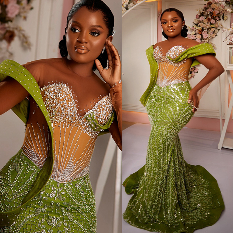 2024 Aso Ebi Mint Prom For Special Ocns Mermaid Promdress Evening Dresses Elegant Beaded Lace Rhies 40TH Birthday Engagement Gowns 0920